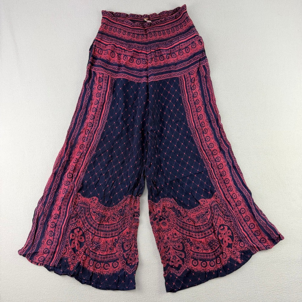 Free People Wide Leg Palazzo Pants Women XS Pink Boho Smocked Hippie Bandana